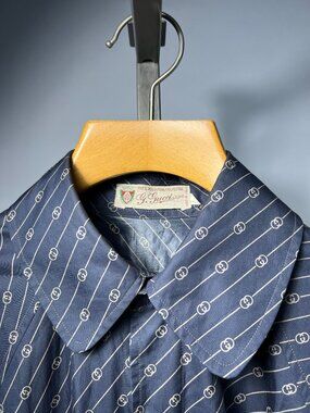 RARE Vintage GUCCI Monogram Packable Travel Coat - Blue Grey Logo Print 80s M